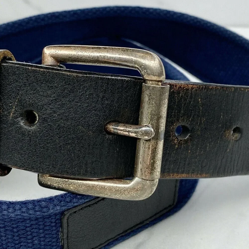 Hunt Club Blue Web Belt Brown Leather Trim Silver Buckle Size 40 ✨